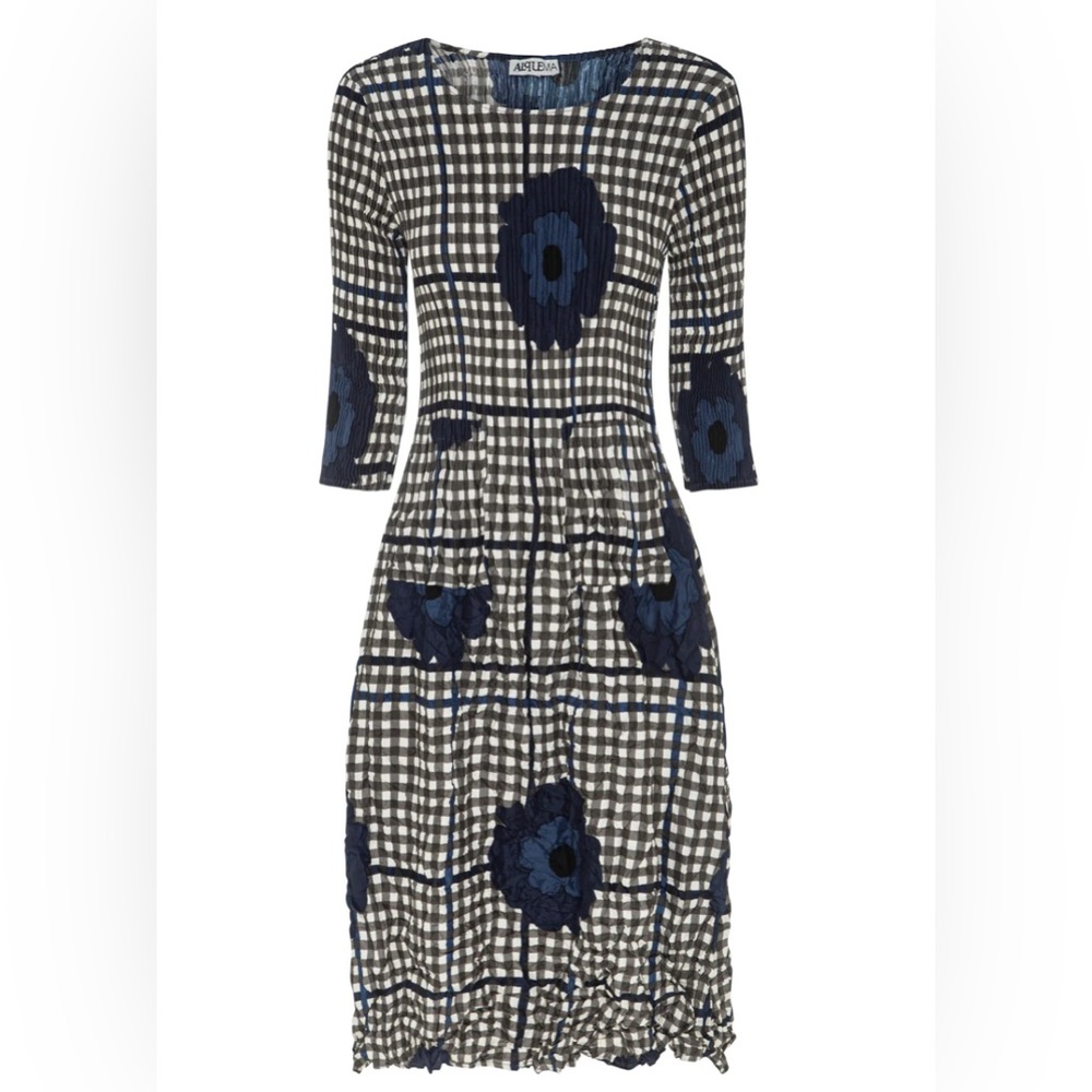 Alquema 3/4 Sleeve Smash Pocket Mini Dress - Indigo Flower Spot Check Size US 6